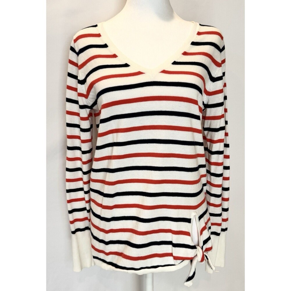 GAP Striped Sweater Womens S Red Navy White V Neck Long Sleeve Side Tie Knot